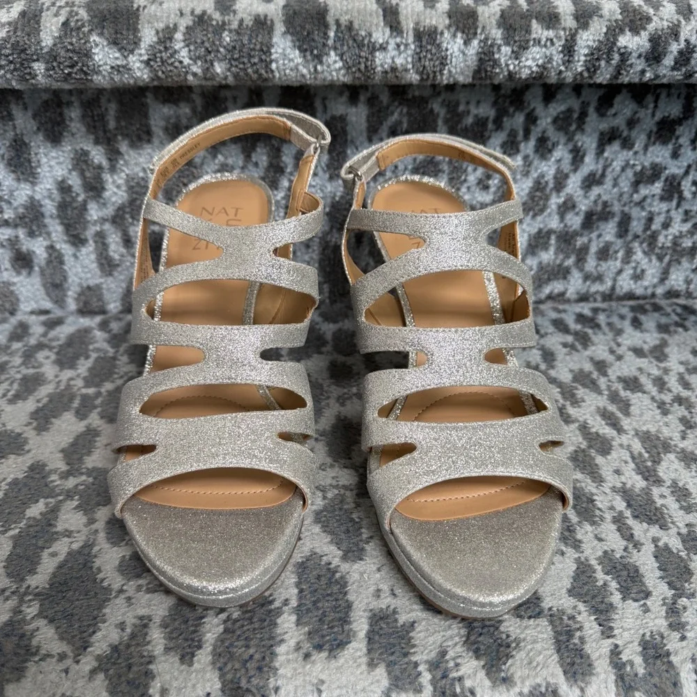 Naturalizer Pressley Silver Glitter Slingback Platform Sandals Heels 8.5N Womens